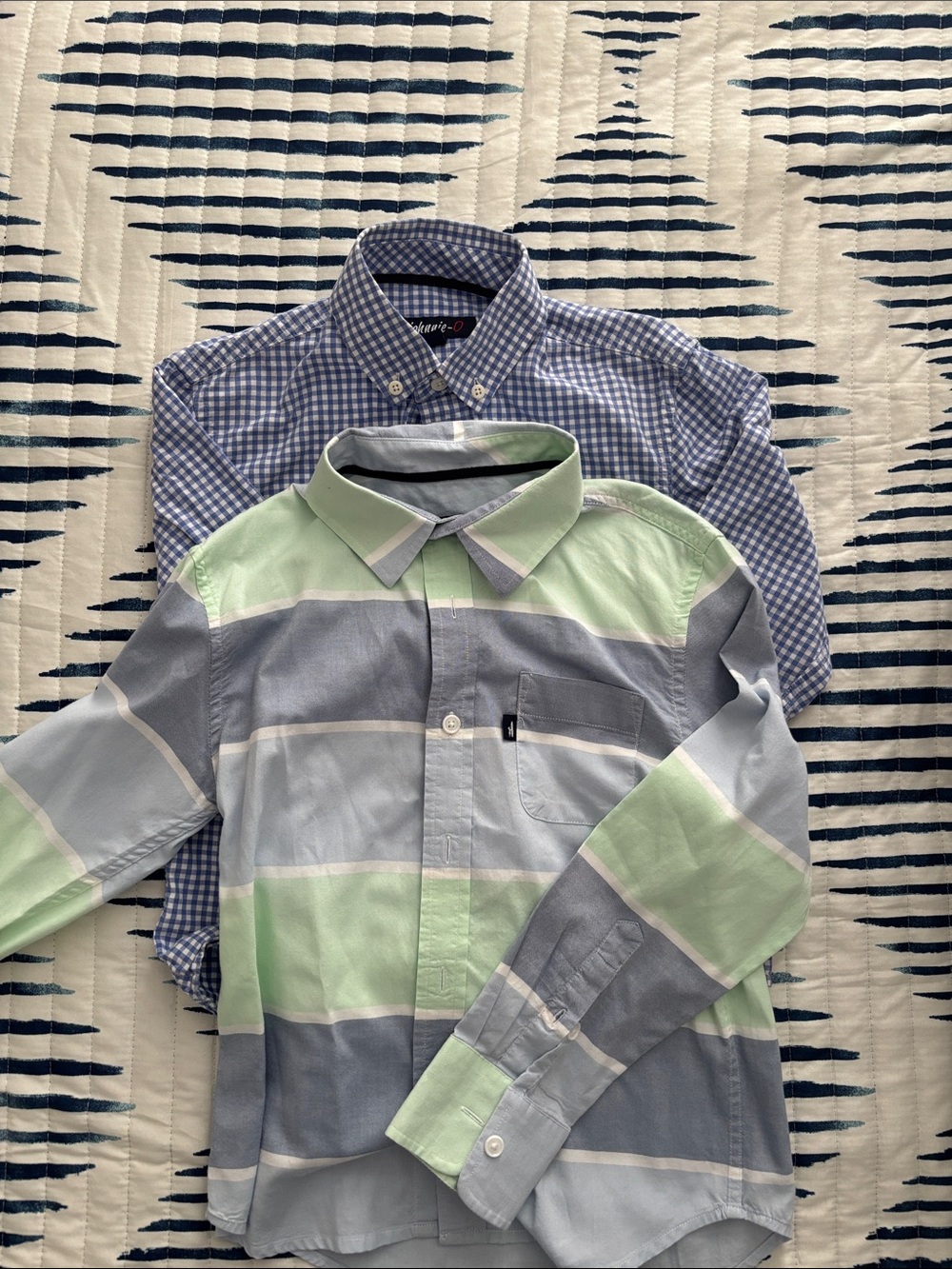 Two Boys Button-Down Shirt Mint Green & Light Gray Stripes and blue/white.size 6